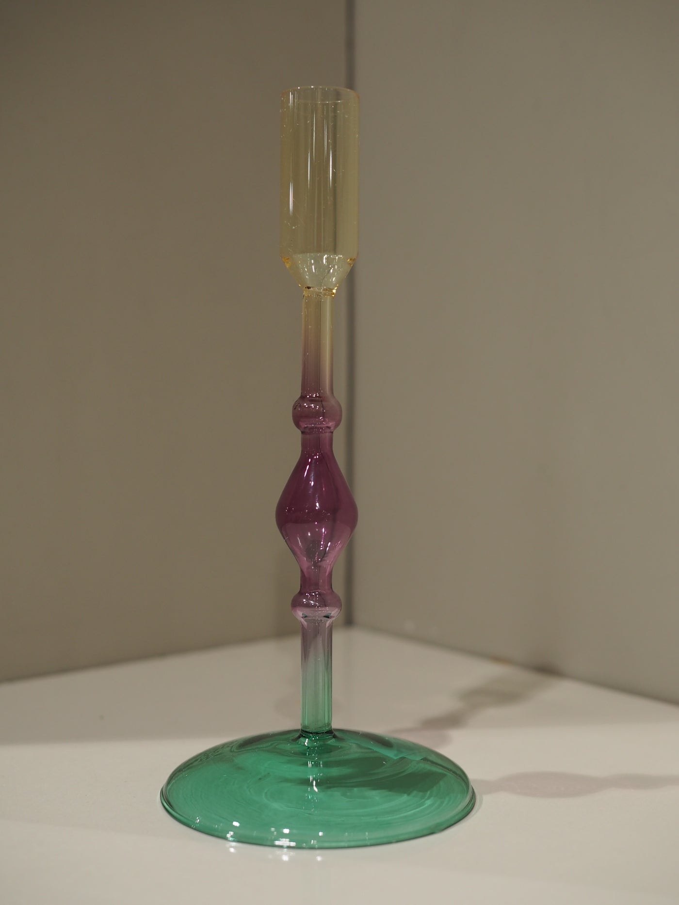 Glass lysestake, grøn/lilla/gul