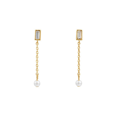 Baguette & Pearl Chain Earrings