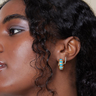 Turquoise & Pearl Fine Huggie Hoop Earrings Gold