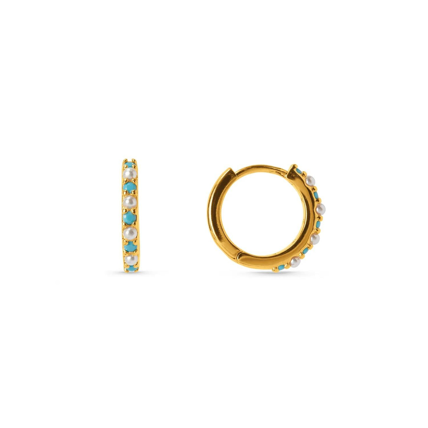 Turquoise & Pearl Fine Huggie Hoop Earrings Gold