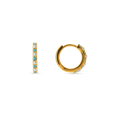Turquoise & Pearl Fine Huggie Hoop Earrings Gold