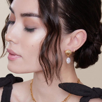 Shell & Pearl Drop Earrings Gold