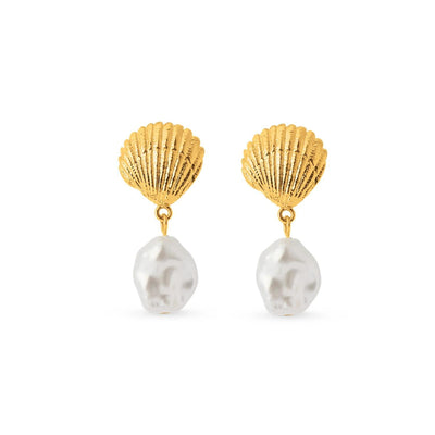 Shell & Pearl Drop Earrings Gold