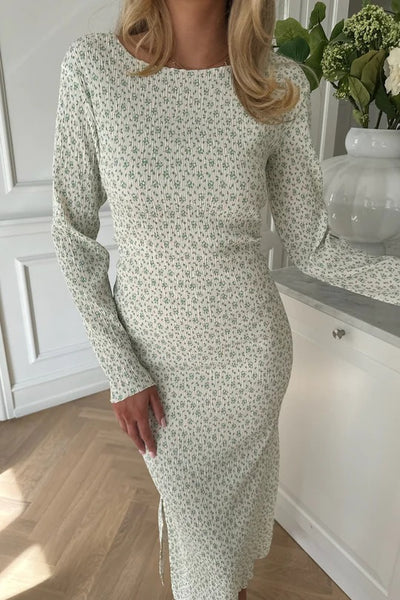 Oda Dress Green Flower Stem Print
