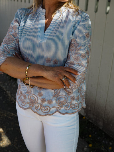 Blue stripe embrodery blouse