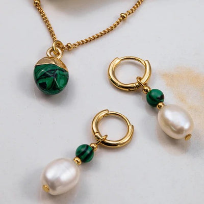 MALACHITE & PEARL HUGGIE HOOP EARRINGS