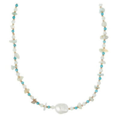 TURQUOISE CHIP & STATIONED PEARL NECKLACE