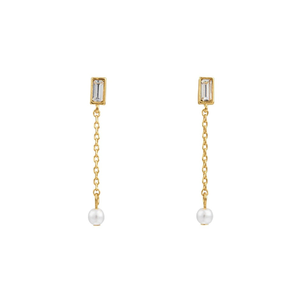 Baguette & Pearl Chain Earrings