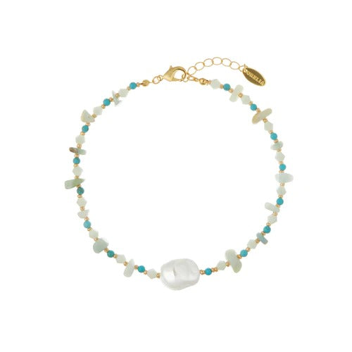TURQUOISE CHIP & STATIONED PEARL BRACELET