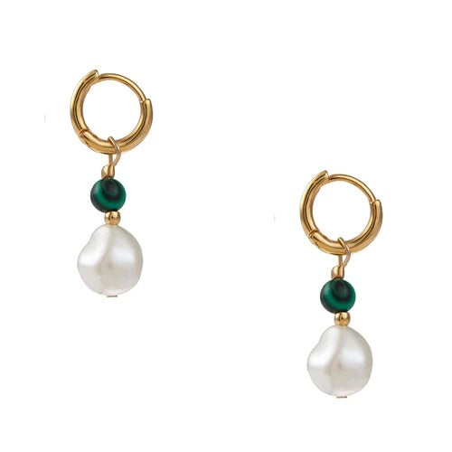 MALACHITE & PEARL HUGGIE HOOP EARRINGS