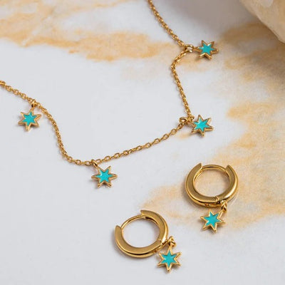 TURQUOISE ENAMEL STAR HUGGIE HOOP EARRINGS GOLD