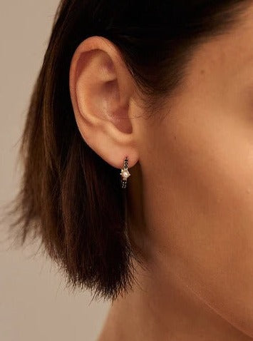 JET BLACK & PEARL STATIONED HUGGIE HOOP EARRINGS